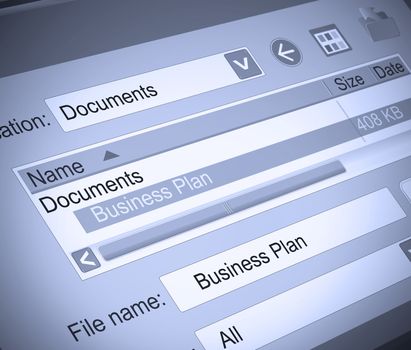 Illustration depicting a computer screen shot with a Business plan document concept.