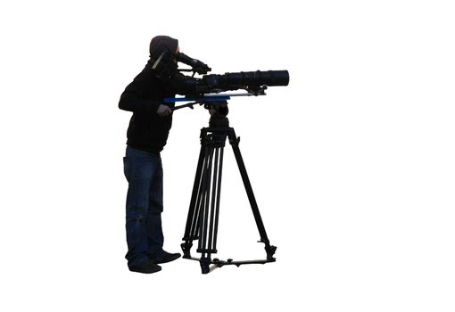 Photographer using extra long telephoto lens, on white background