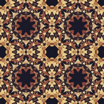 Abstract artistic pattern, seamless handmade floral ornament, applique from the back side of a birch bark on black fabric background