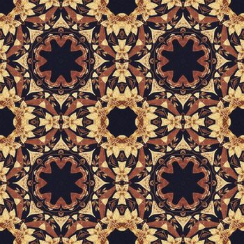 Abstract artistic pattern, seamless handmade floral ornament, applique from the back side of a birch bark on black fabric background