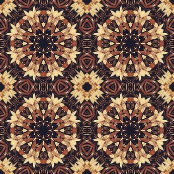 Abstract artistic pattern, seamless handmade floral ornament, applique from the back side of a birch bark on black fabric background