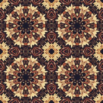 Abstract artistic pattern, seamless handmade floral ornament, applique from the back side of a birch bark on black fabric background