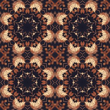 Abstract artistic pattern, seamless handmade floral ornament, applique from the back side of a birch bark on black fabric background