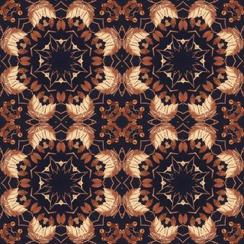 Abstract artistic pattern, seamless handmade floral ornament, applique from the back side of a birch bark on black fabric background