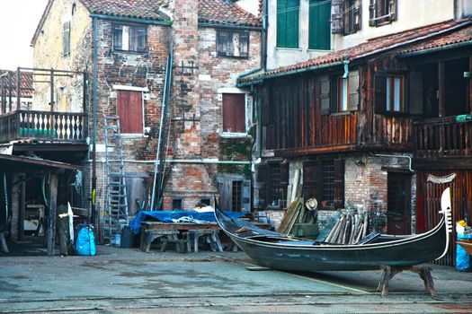 Gondola waiting for repair in workshop,Venice