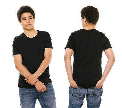 Young black male with blank black t-shirt, front and back. Ready for your design or artwork.