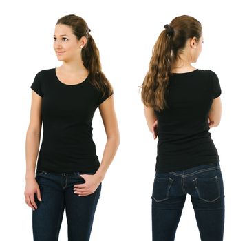 Young beautiful brunette female with blank black shirt, front and back. Ready for your design or artwork.