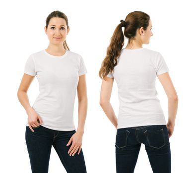Young beautiful brunette female with blank white shirt, front and back. Ready for your design or artwork.