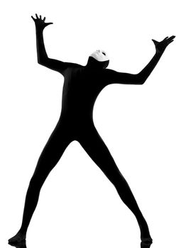 performer man mime with mask complaigning looking up on studio isolated on white background