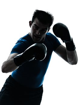 one  man exercising boxing boxer workout fitness in silhouette studio isolated on white background
