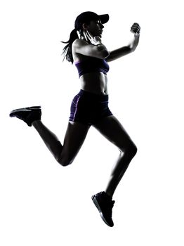 one  woman runner jogger in silhouette studio isolated on white background