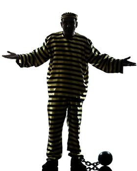 one  man prisoner criminal with chain ball silhouette in studio isolated on white background