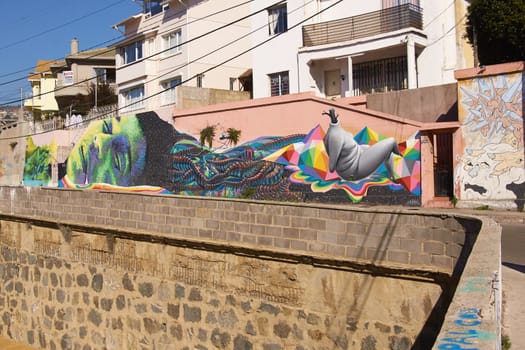 Colourful graffiti decorating a street in the world heritage city of Valparaiso in Chile