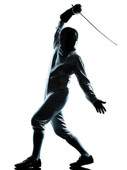 one man fencing silhouette in studio isolated on white background