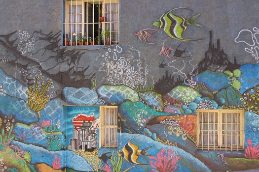 Colourful graffiti decorating a street in the world heritage city of Valparaiso in Chile
