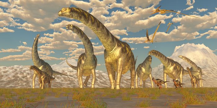 Hypsilophodon and Pteranodon dinosaurs accompany a herd of Argentinosaurus on their yearly migration to warmer temperatures.