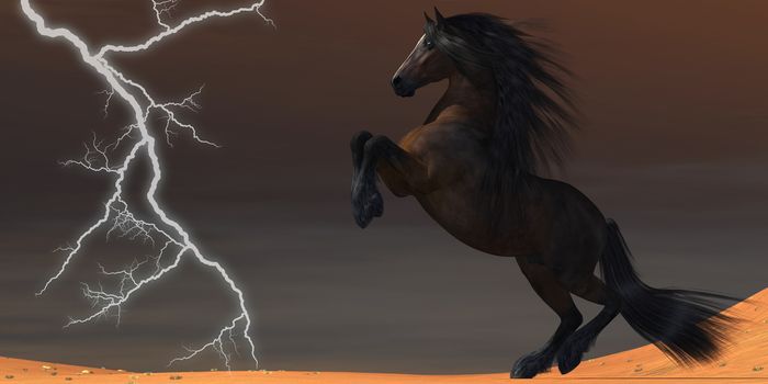 A flash of lightning from a thunderstorm scares a wild desert horse.