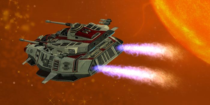 The Ironstar battleship flies near a large sun on its space mission.