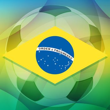 Brazilian flag over soccer ball over green background, flat design