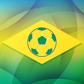 soccer ball over Brazilian flag over green background, flat design