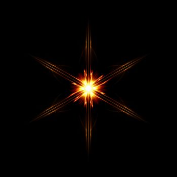 abstract star with six shining light rays over black background