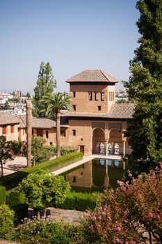 Courtyard in Heneralife gardens, Alhambra, Granada, Andalusia, Spain