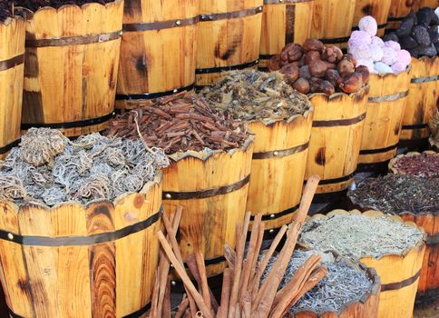 Spices and herbs on oriental market 