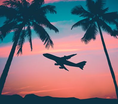 Retro Style Photo Of Plane Over Tropical Scene