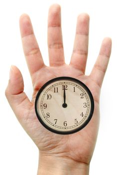 Clock face fixed to the palm of a hand over a white background