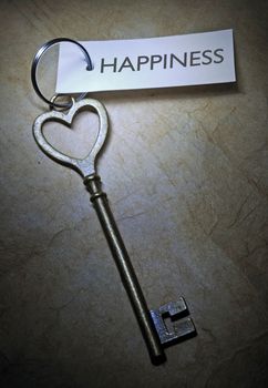 Key labeled happiness attached to a golden key