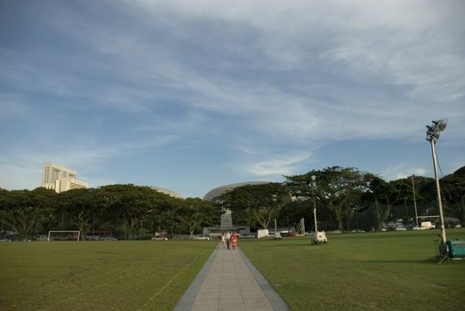 A modern park setting with big blue sky