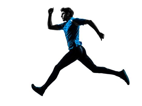 one caucasian man running sprinting jogging in silhouette studio isolated on white background