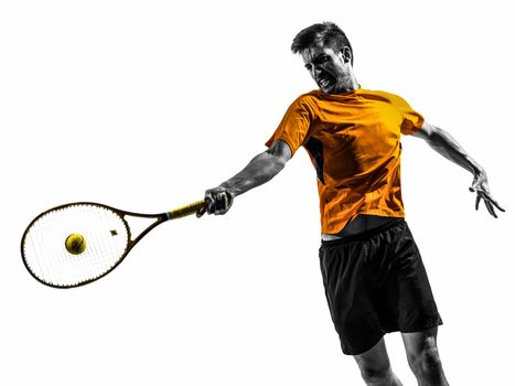 one man tennis player portrait in silhouette on white background