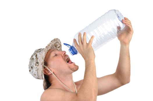 young bearded man drinks from empty plastic bottle