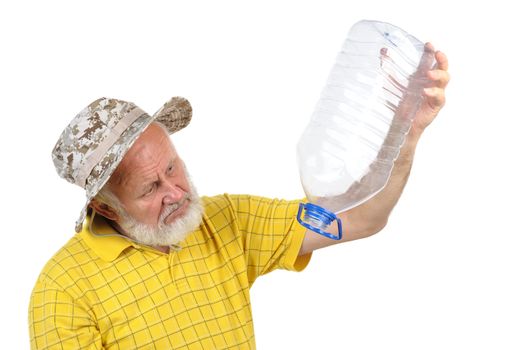 senior balding bearded man holding empty plastic bottle