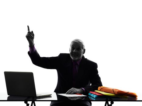 One Caucasian Senior Business Man Pointing Up Silhouette White Background