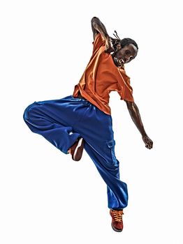 one hip hop acrobatic break dancer breakdancing young man jumping silhouette white background