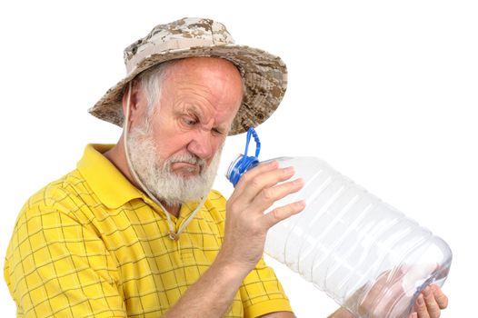 senior balding bearded man holding empty plastic bottle