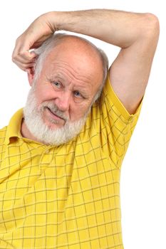 balding senior man skratching his ear using opposite hand