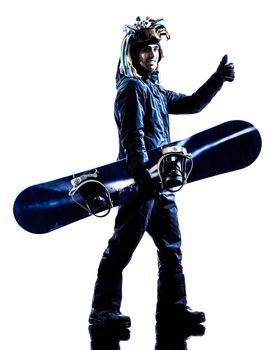 one caucasian young snowboarder  man in silhouette white background