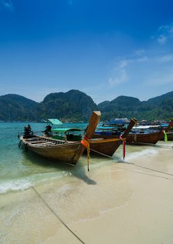 Long Tail Boats at Phi Phi Leh island in Phuket, Thailand 