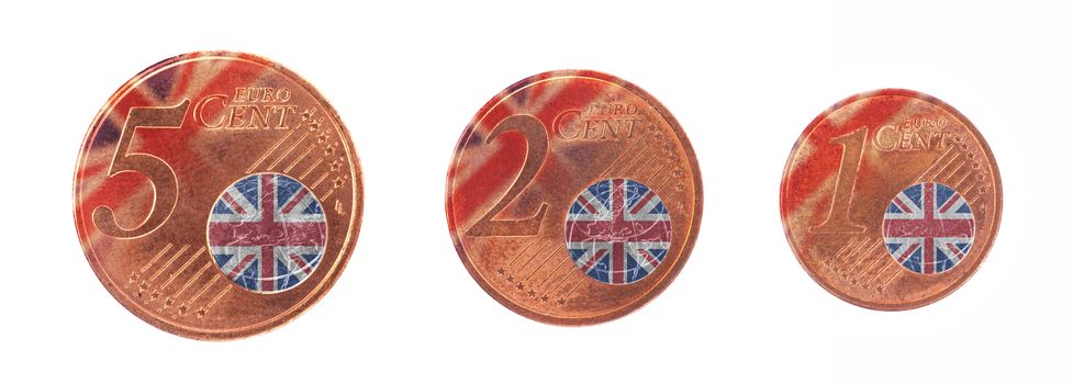 European union concept - 1, 2 and 5 eurocent, flag of the United Kingdom