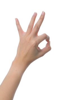 left woman hand OK sign isolated on white background