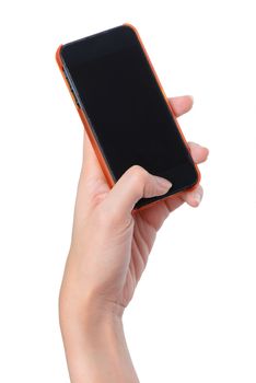 blank screen mobile phone in woman hand