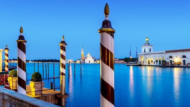 Grand Canal by night just after sunset, vue on Giorgio Maggiore church and Marai della salute, Venice, Italy