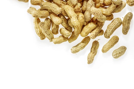 boiled peanuts on white background with copy space.