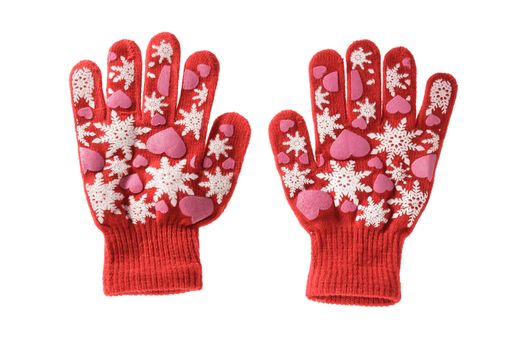 Red knitted cloth kid gloves with pattern  isolated on white background.