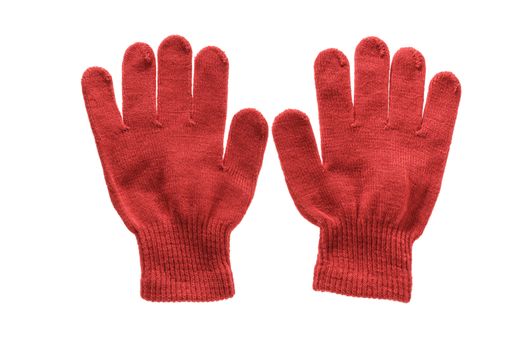 Red knitted cloth kid gloves with pattern  isolated on white background.