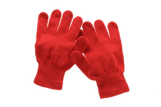 Red knitted cloth kid gloves with pattern  isolated on white background.