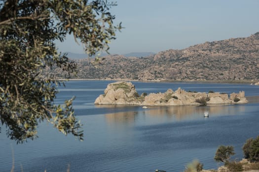 Lake Bafa Nature Park in Turkey, near Aegean Sea. Ancient Greek city Heraclea ruins can be seen all around the lake. 